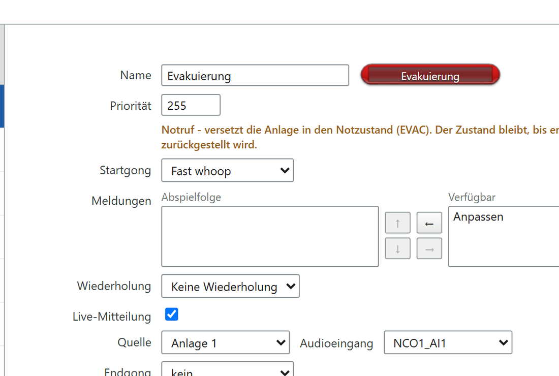 Einstellungen, Bereich vordefinierte Durchsagen: Formular mit Priorität, Gongs, Meldungen und Live-Mitteilung